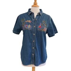 VTG Bobbie Brooks Denim Button Down Short Sleeve Shirt Embroidered Sailboats, M